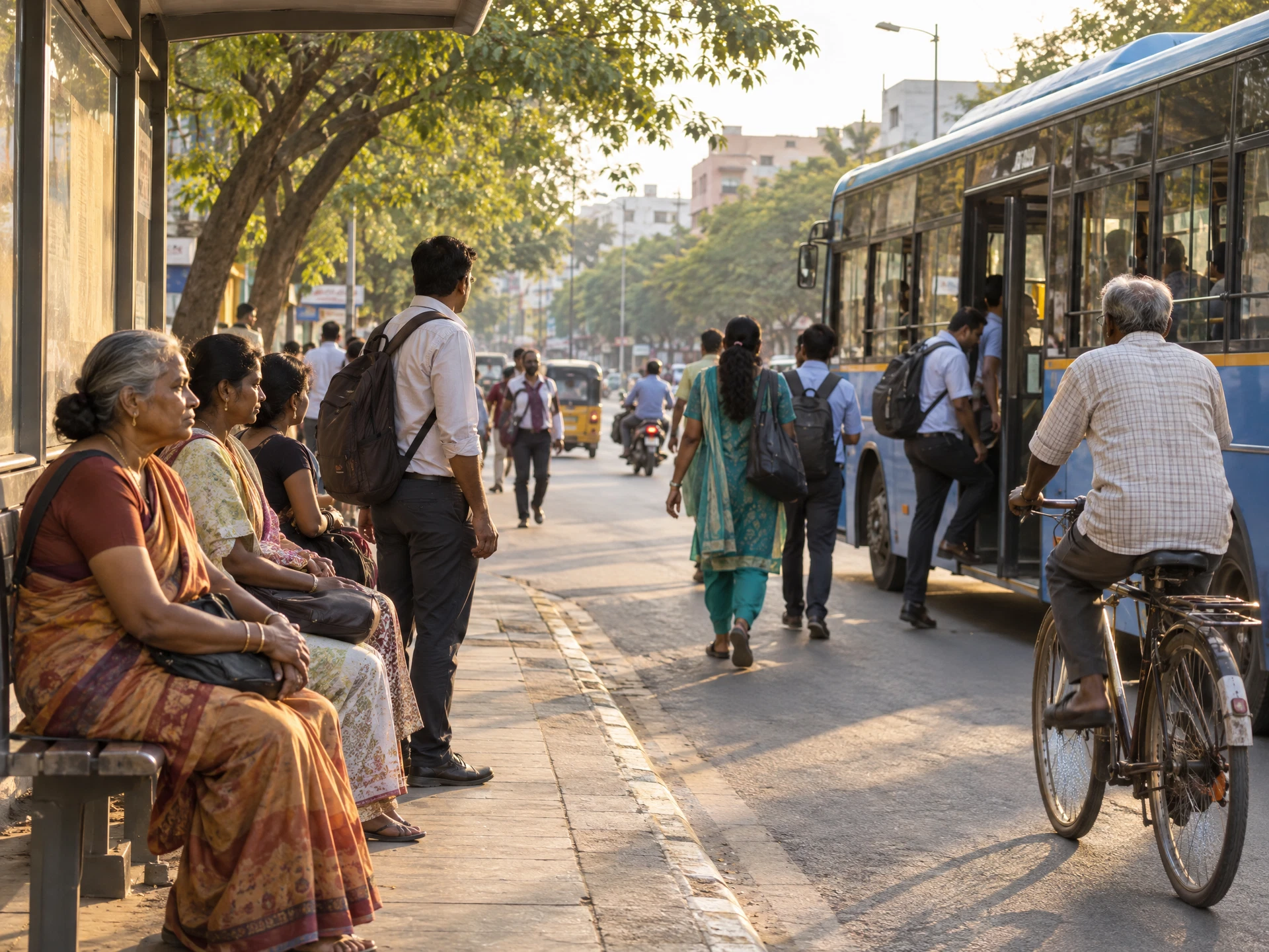 மரங்கள் நிறைந்த நகரச் சாலையில் பேருந்து நிலையமும் பயணிகளும்